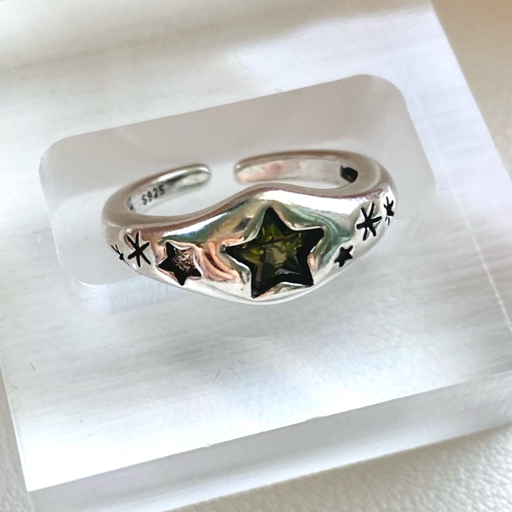 Sterling Silver Star Ring with Green Center Stone